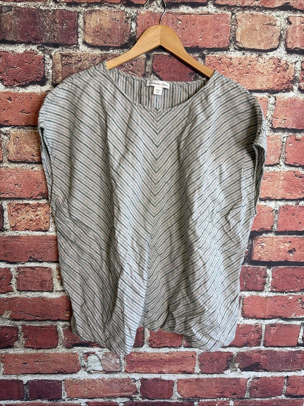 Coldwater Creek Linen Striped Boxy Tunic Blouse Beige Green 2X Coastal Beachy